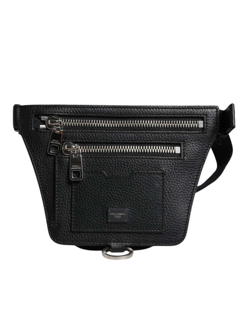 Sac banane Dolce & Gabbana en cuir de veau noir avec plaque logo pour homme