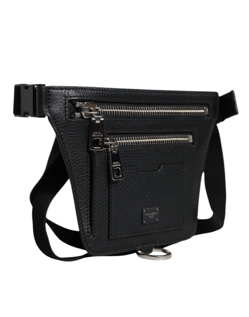 Sac banane Dolce & Gabbana en cuir de veau noir avec plaque logo pour homme