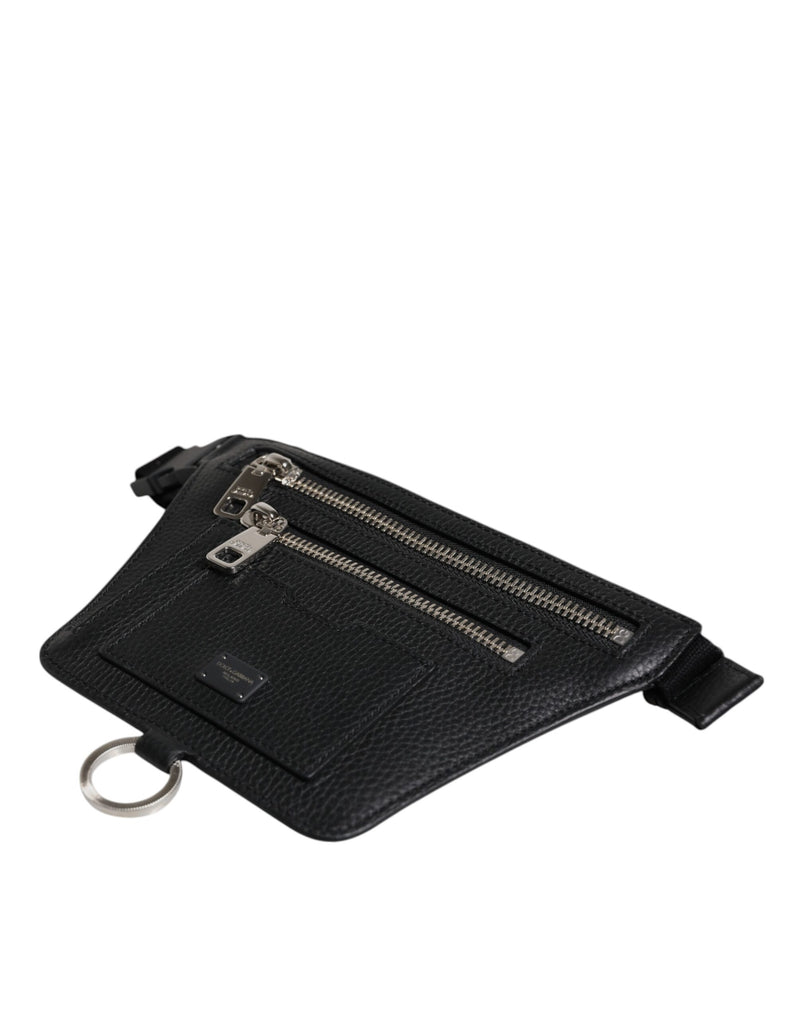 Sac banane Dolce & Gabbana en cuir de veau noir avec plaque logo pour homme