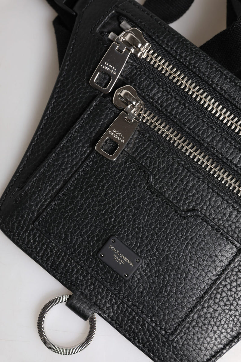 Sac banane Dolce & Gabbana en cuir de veau noir avec plaque logo pour homme