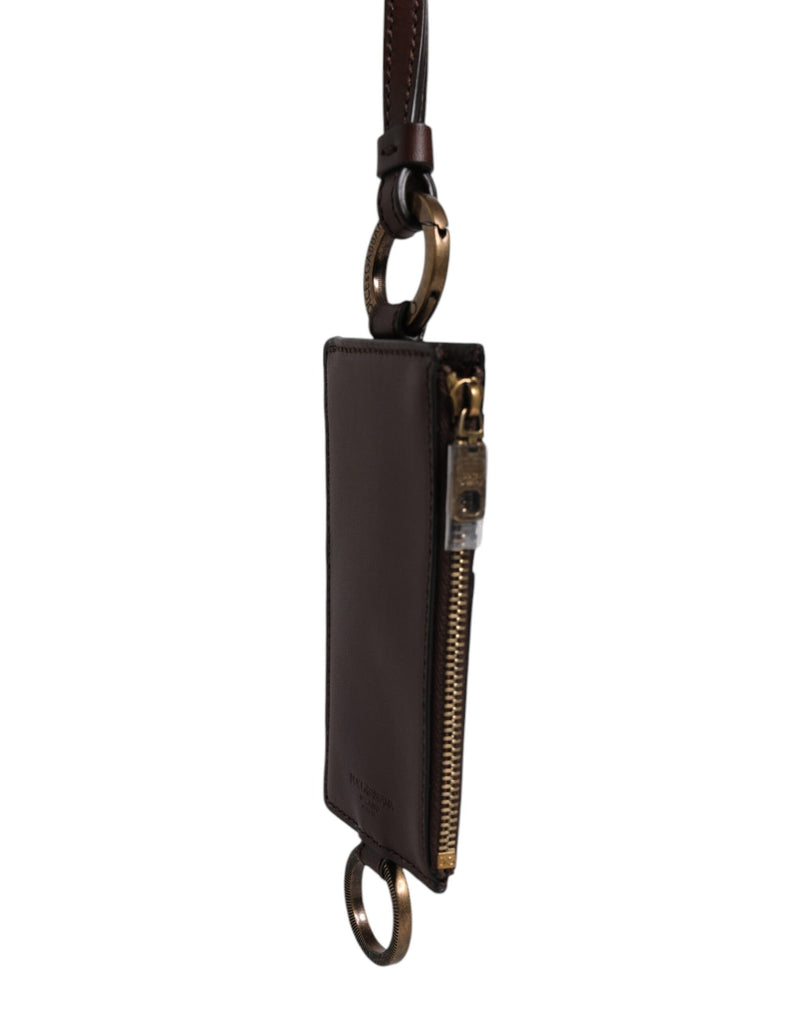 Portefeuille porte-cartes Dolce &amp; Gabbana en cuir de veau marron avec cordon et logo