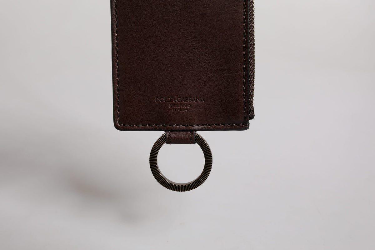 Portefeuille porte-cartes Dolce &amp; Gabbana en cuir de veau marron avec cordon et logo