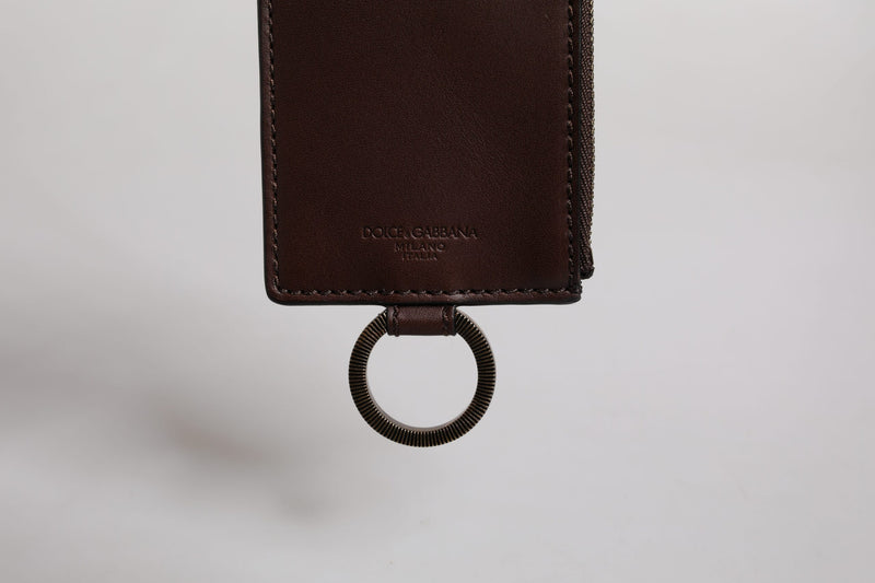 Portefeuille porte-cartes Dolce &amp; Gabbana en cuir de veau marron avec cordon et logo