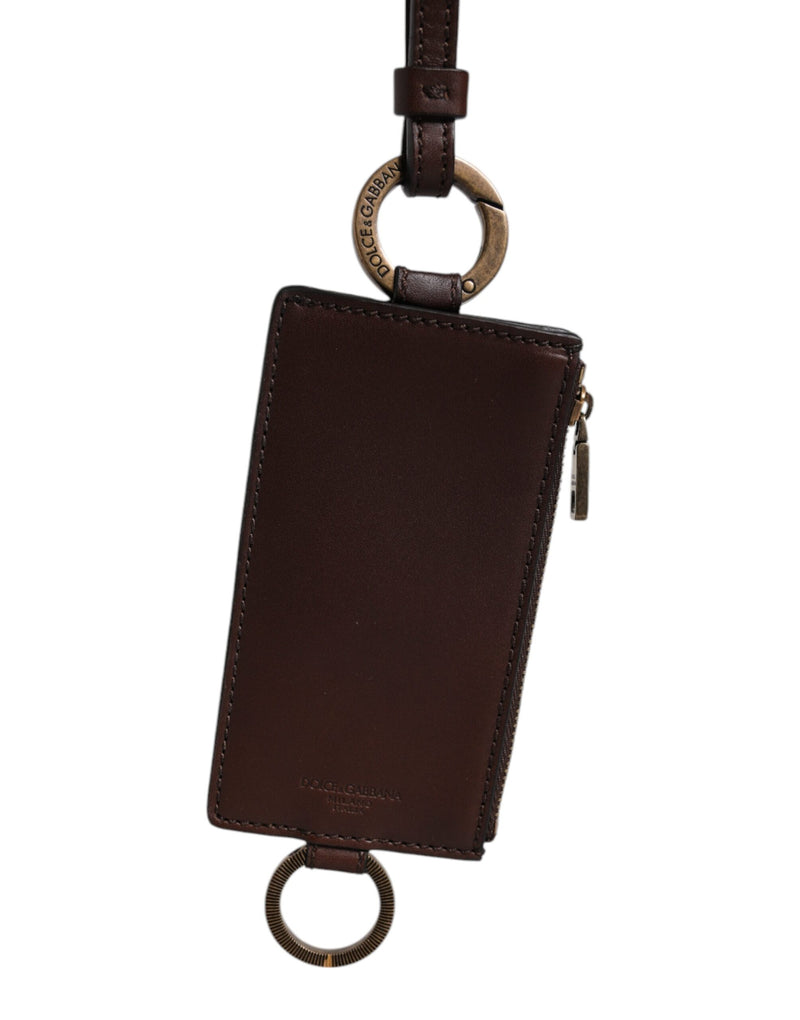 Portefeuille porte-cartes Dolce &amp; Gabbana en cuir de veau marron avec cordon et logo