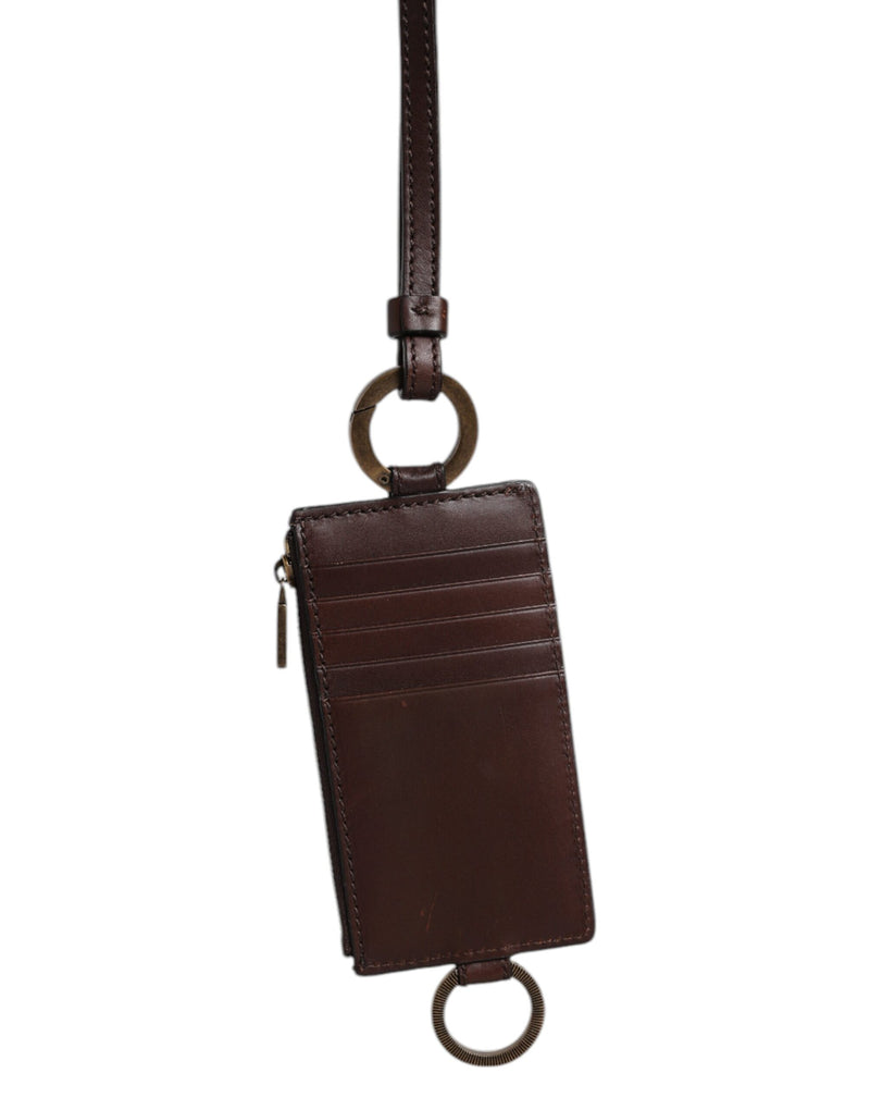 Portefeuille porte-cartes Dolce &amp; Gabbana en cuir de veau marron avec cordon et logo