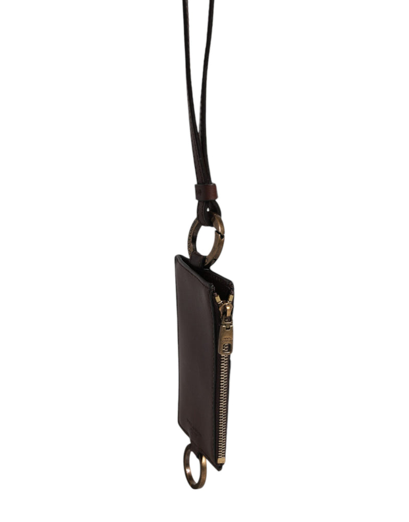 Portefeuille porte-cartes Dolce &amp; Gabbana en cuir de veau marron avec cordon et logo