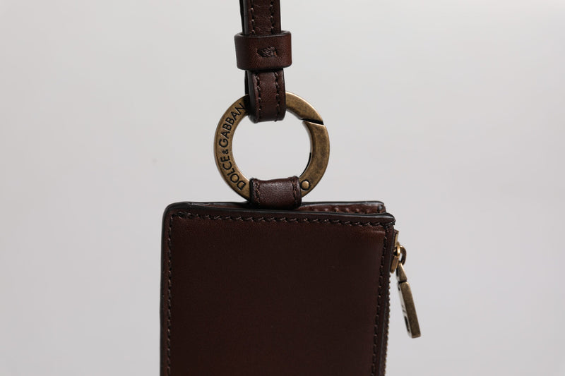 Portefeuille porte-cartes Dolce &amp; Gabbana en cuir de veau marron avec cordon et logo