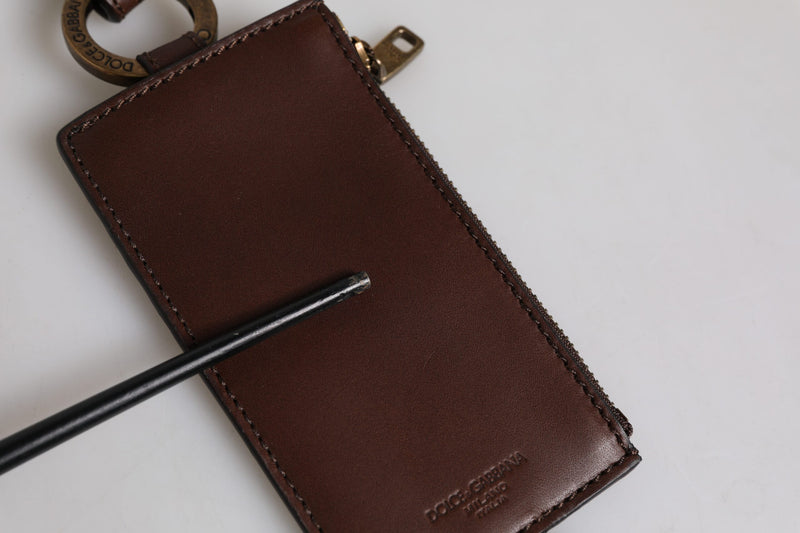 Portefeuille porte-cartes Dolce &amp; Gabbana en cuir de veau marron avec cordon et logo