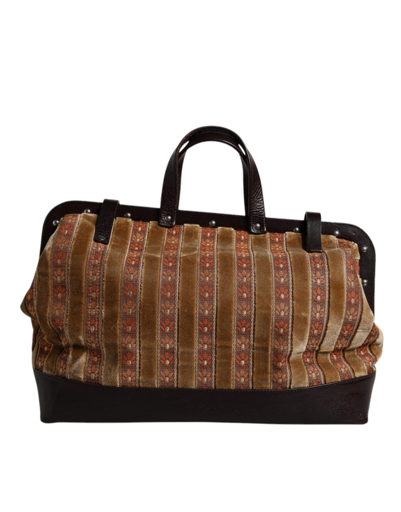 Sac à main de voyage Dolce & Gabbana en velours beige et cuir jacquard marron