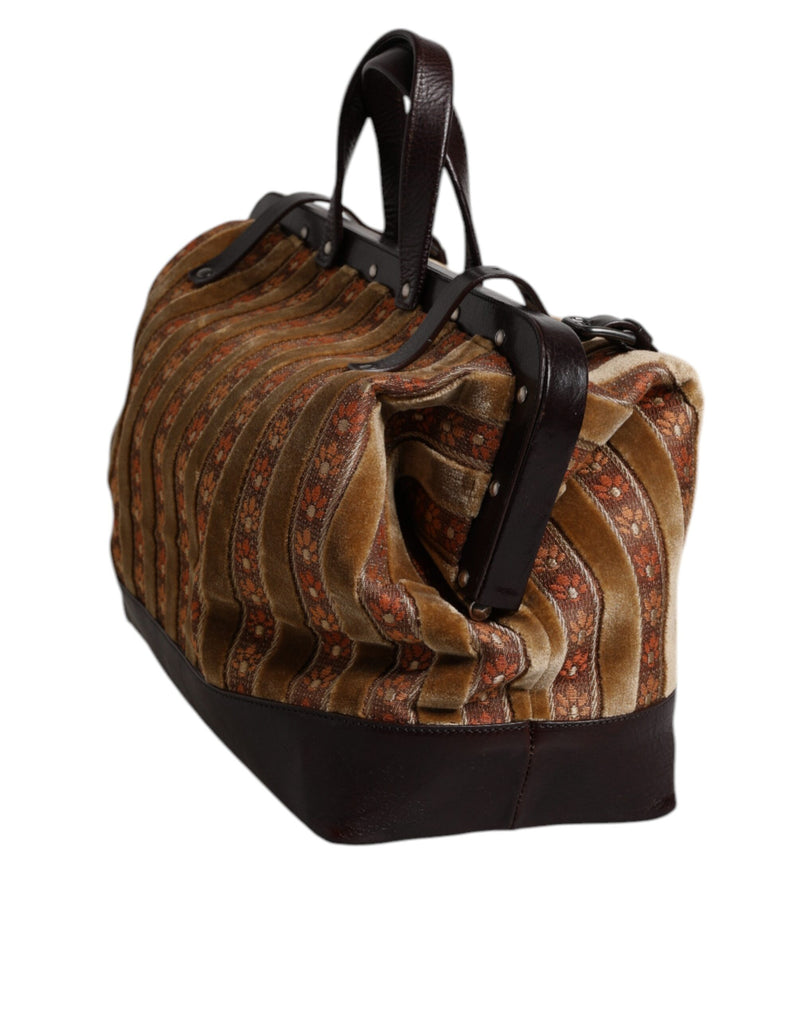 Sac à main de voyage Dolce & Gabbana en velours beige et cuir jacquard marron
