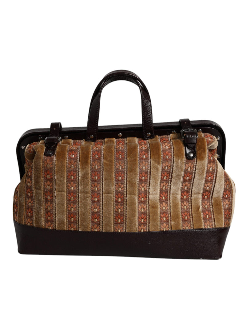 Sac à main de voyage Dolce & Gabbana en velours beige et cuir jacquard marron