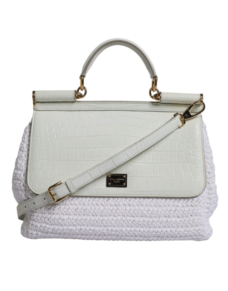 Dolce & Gabbana White Raffia Leather Top Handle Crossbody Bag