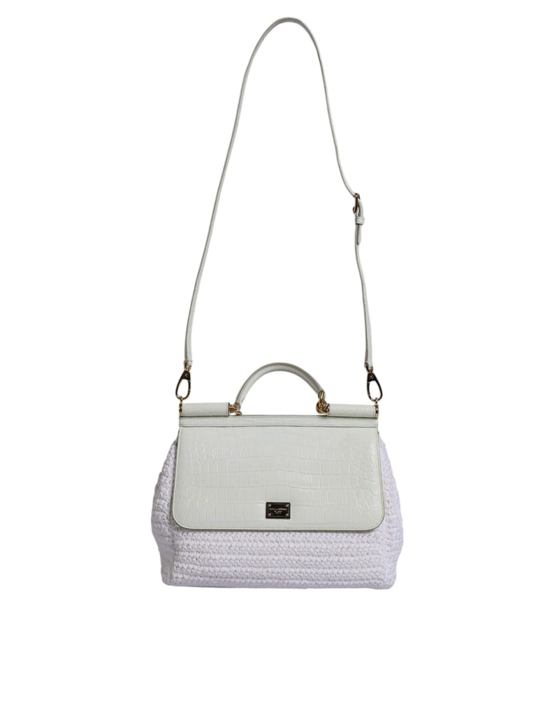 Dolce & Gabbana White Raffia Leather Top Handle Crossbody Bag