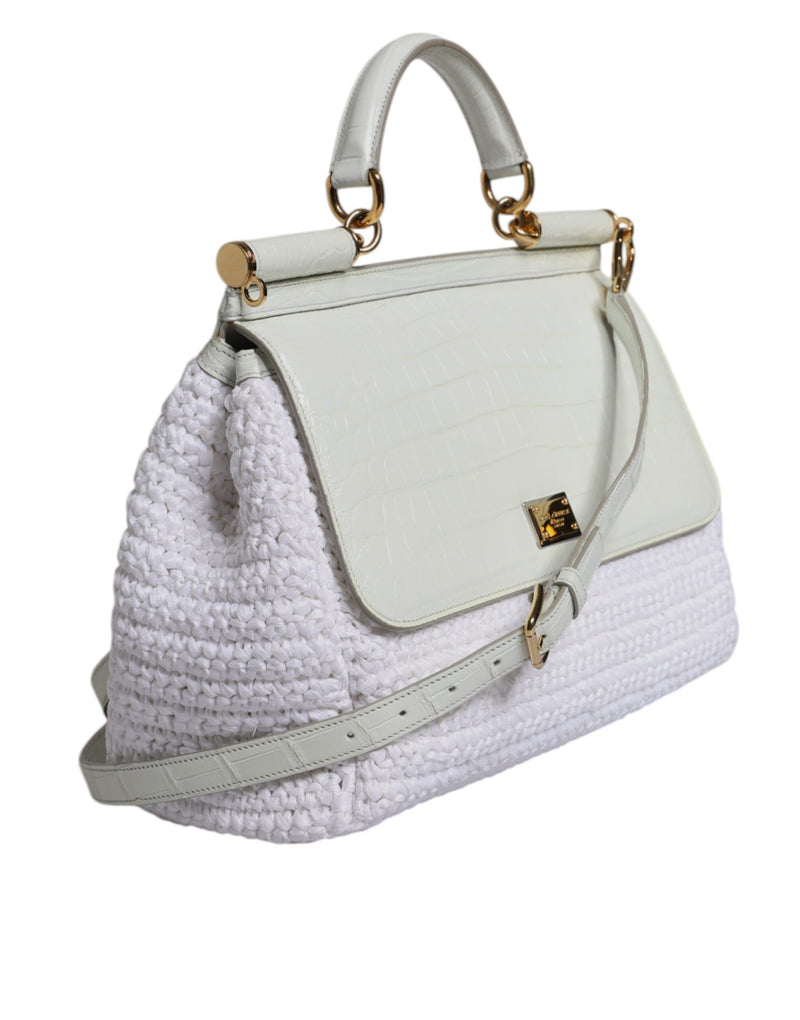 Dolce & Gabbana White Raffia Leather Top Handle Crossbody Bag