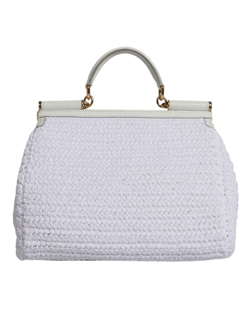 Dolce & Gabbana White Raffia Leather Top Handle Crossbody Bag