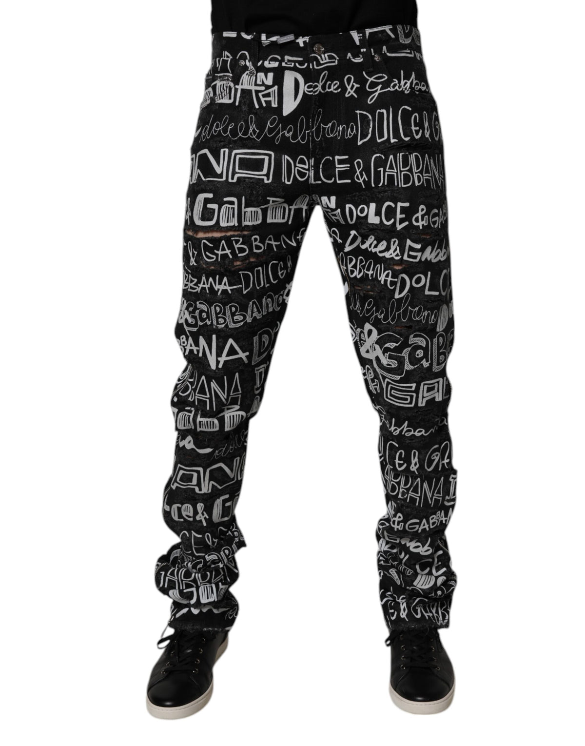 Jeans droit en coton noir à imprimé logo Dolce &amp; Gabbana