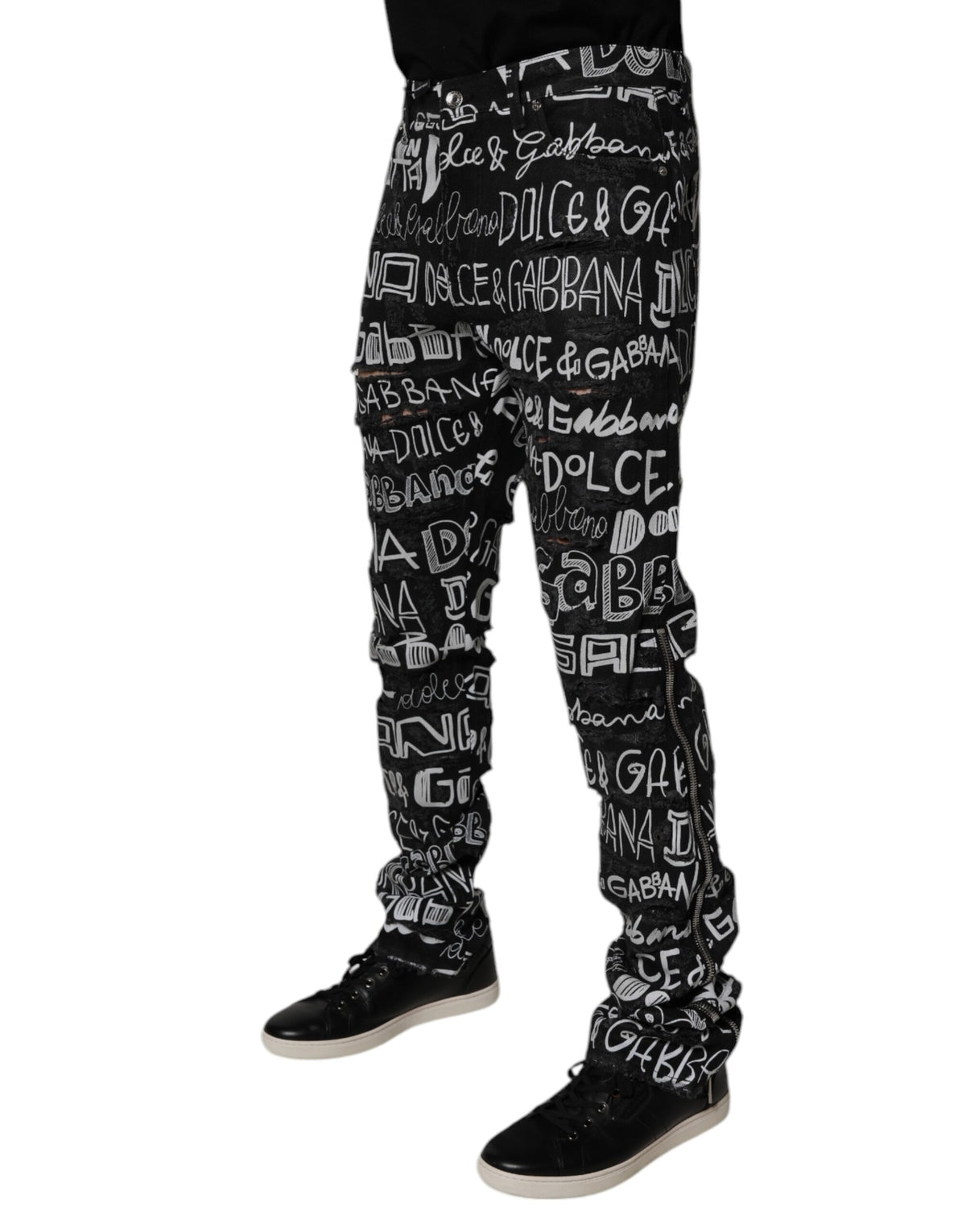 Jeans droit en coton noir à imprimé logo Dolce &amp; Gabbana