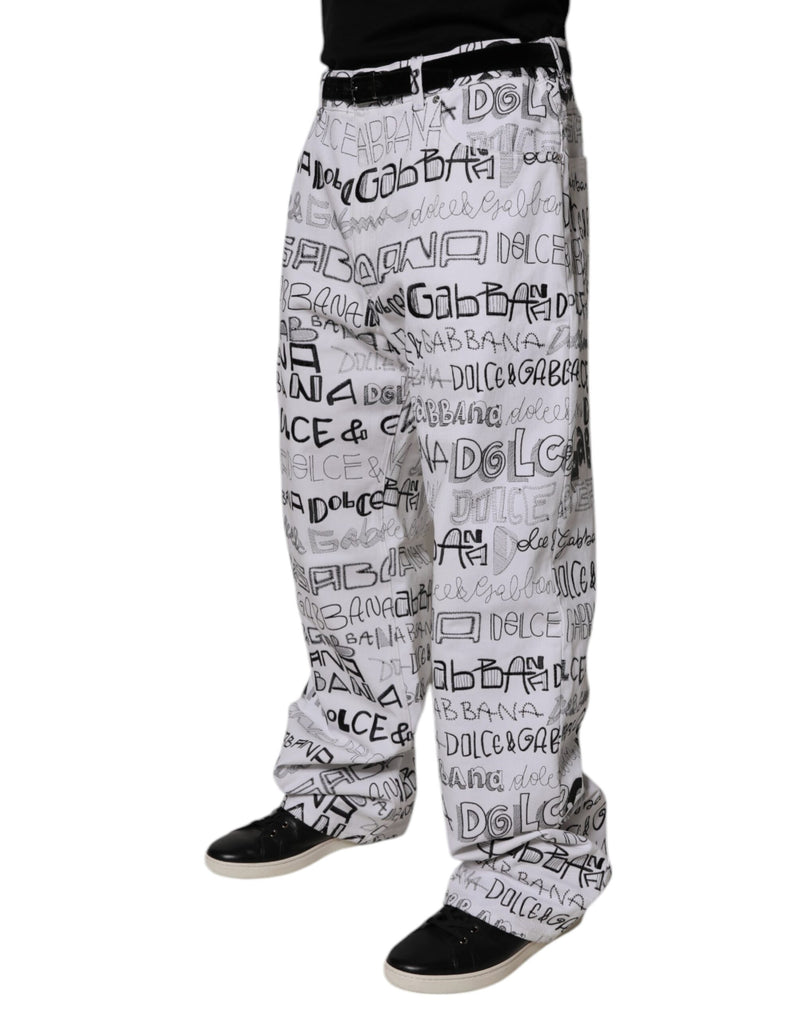 Dolce & Gabbana White Logo Print Straight Men Denim Jeans
