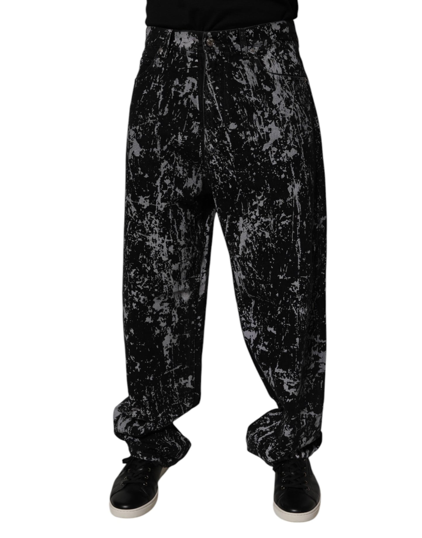 Dolce &amp; Gabbana zwarte, tie-dye spijkerbroek van katoen, rechte pasvorm, heren.