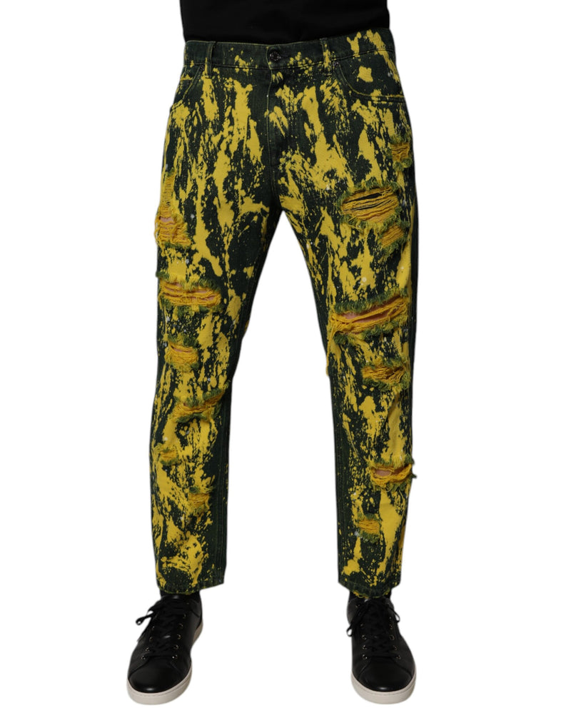 Dolce &amp; Gabbana zwarte en gele tie-dye, versleten skinny jeans voor heren.
