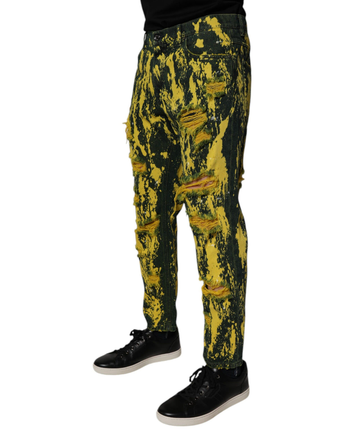 Jean skinny homme en jean noir et jaune tie-dye, délavé et troué, Dolce &amp; Gabbana.