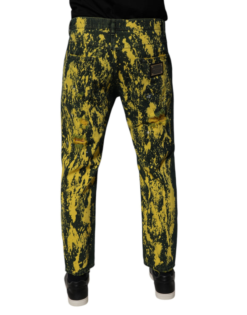 Dolce &amp; Gabbana zwarte en gele tie-dye, versleten skinny jeans voor heren.
