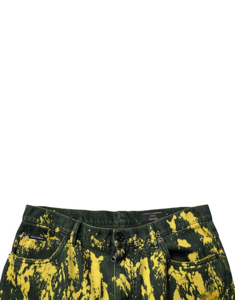 Dolce &amp; Gabbana zwarte en gele tie-dye, versleten skinny jeans voor heren.