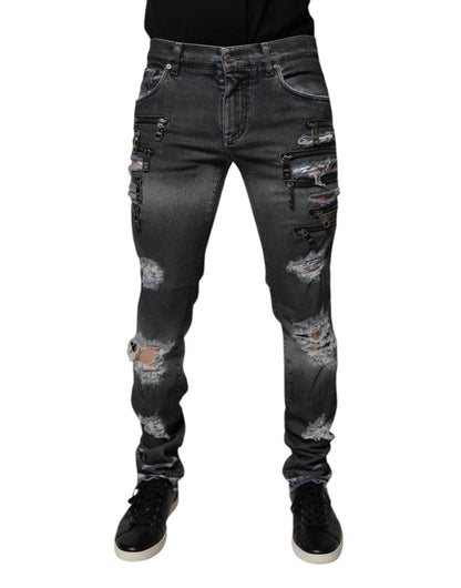 Dolce & Gabbana Dark Gray Tattered Cotton Skinny Denim Jeans