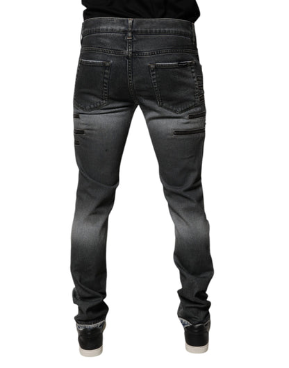 Dolce & Gabbana Dark Gray Tattered Cotton Skinny Denim Jeans