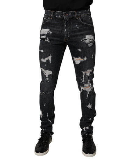Dolce & Gabbana Black Tattered Cotton Skinny Men Denim Jeans