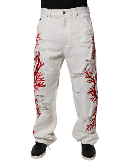 Dolce &amp; Gabbana Witte Corals Versleten Rechte Denim Jeans