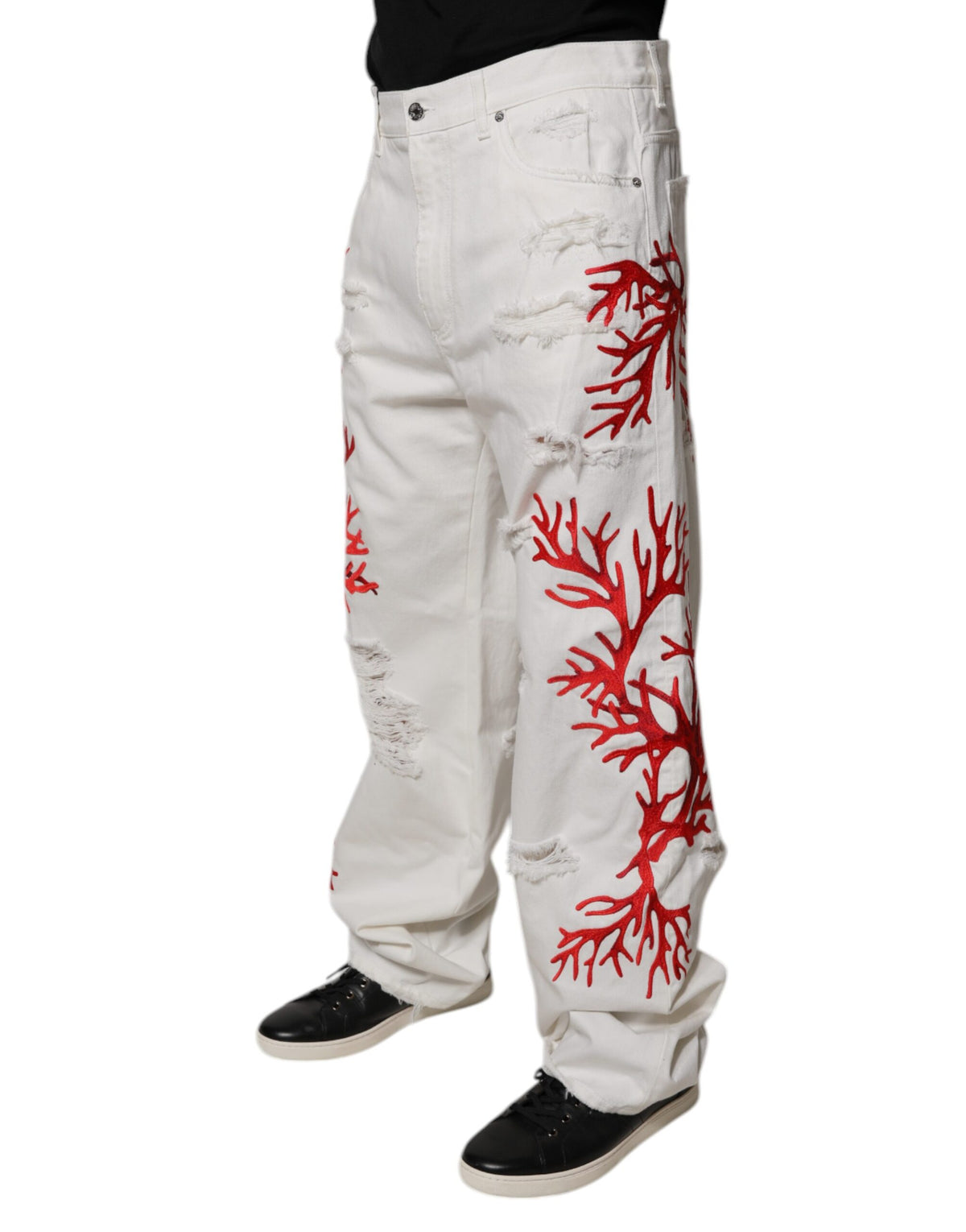 Jeans droit en jean blanc à motifs corail délavé de Dolce &amp; Gabbana