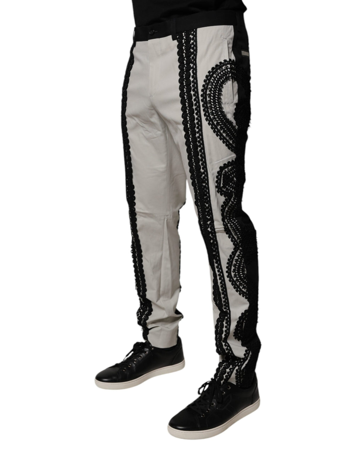 Pantalon tailleur blanc à taille mi-hauteur avec garniture en dentelle de Dolce &amp; Gabbana