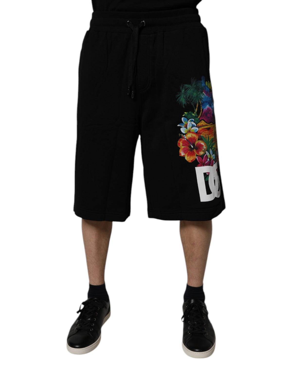 Shorts Bermuda en coton noir à imprimé floral et logo de Dolce &amp; Gabbana