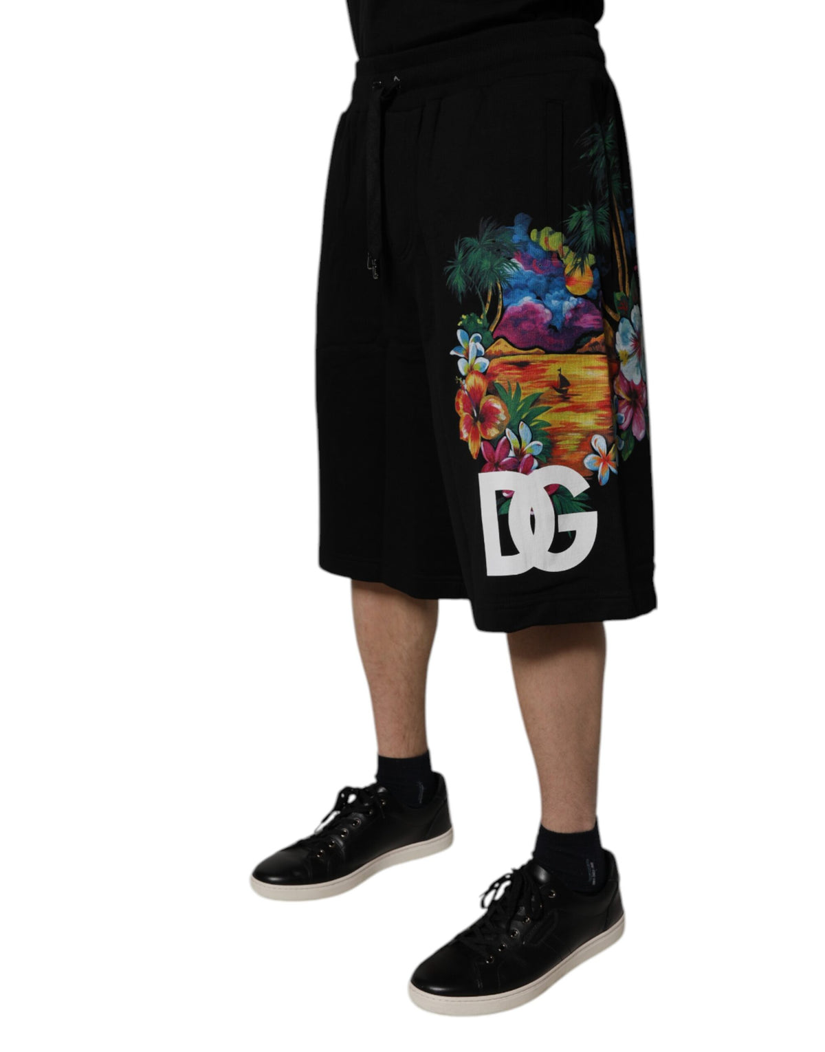 Shorts Bermuda en coton noir à imprimé floral et logo de Dolce &amp; Gabbana