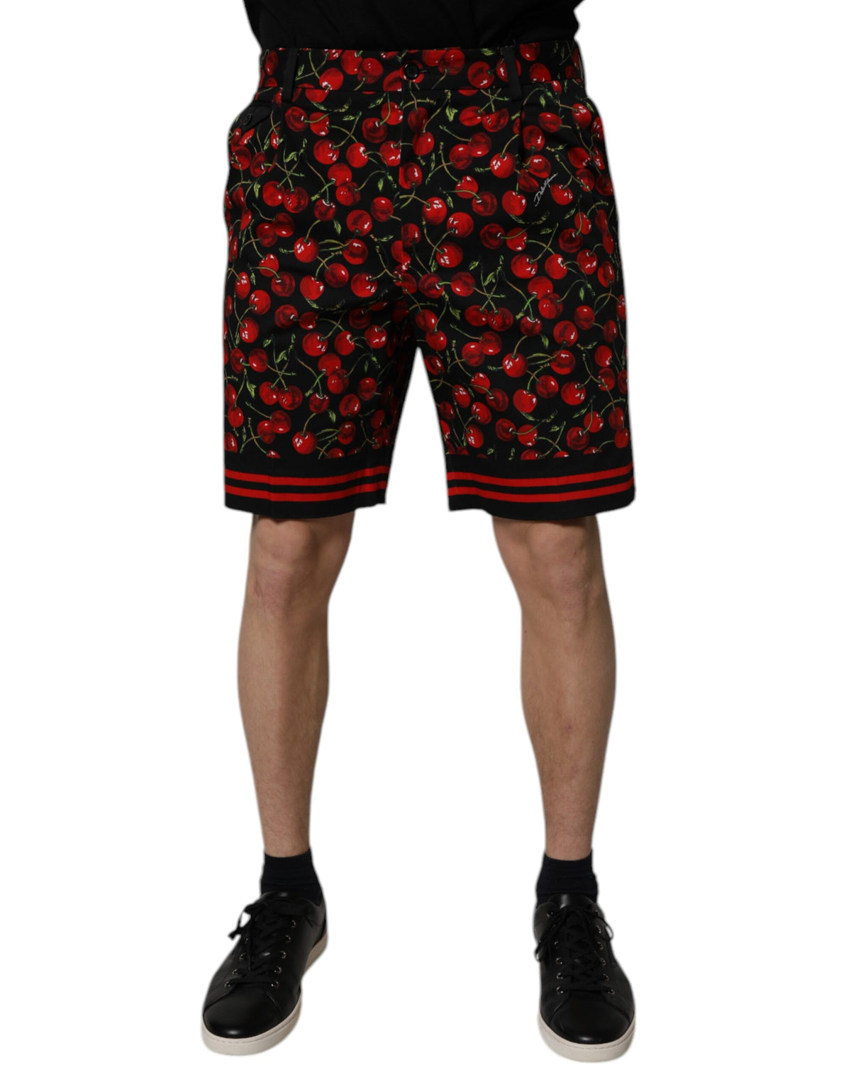 Shorts Bermuda en coton noir à imprimé cerise rouge de Dolce &amp; Gabbana