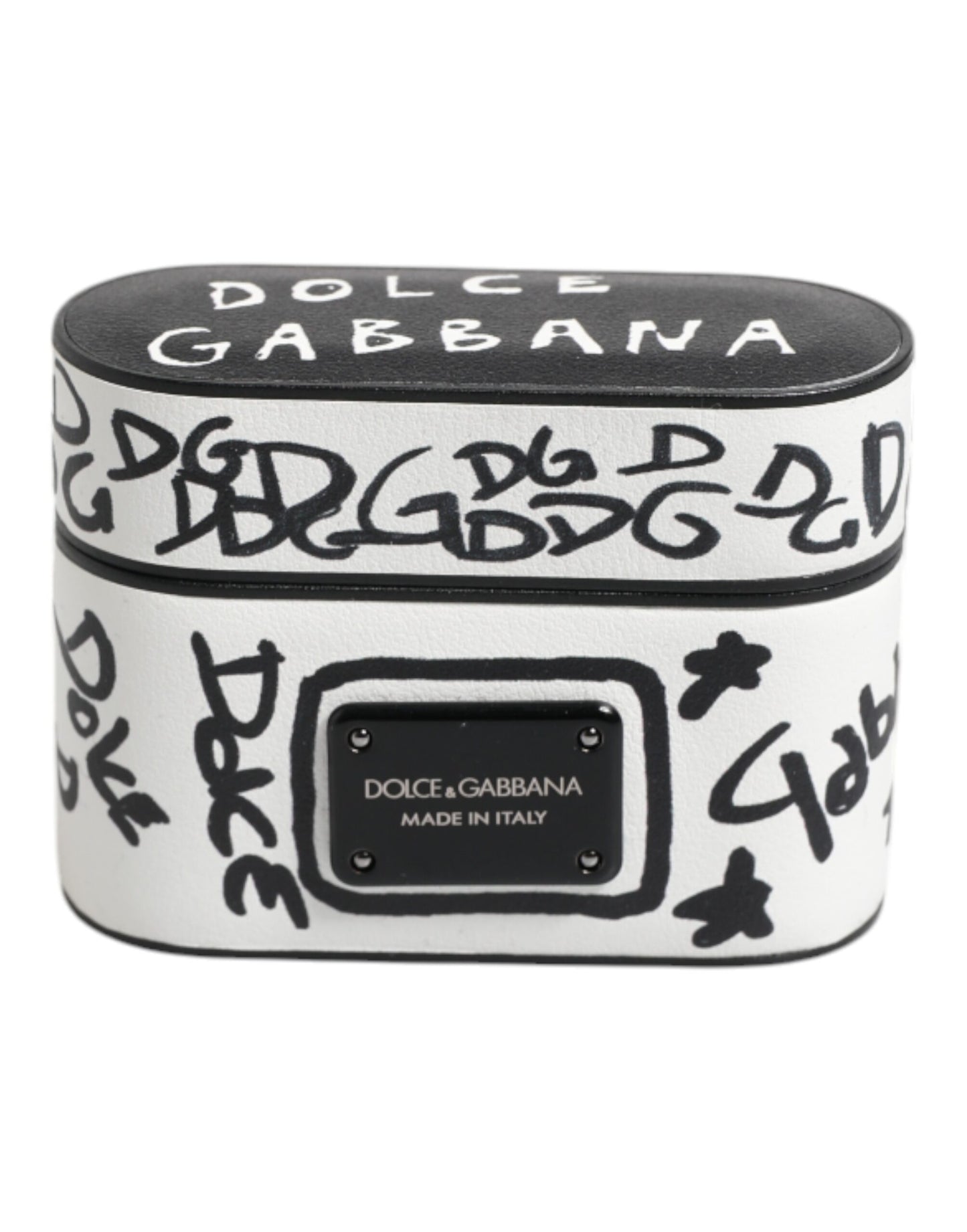 Étui pour Airpods Dolce &amp; Gabbana en cuir noir et blanc avec logo en relief