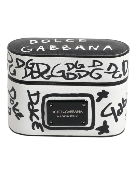 Étui pour Airpods Dolce &amp; Gabbana en cuir noir et blanc avec logo en relief