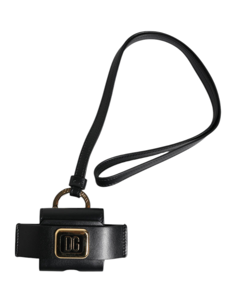 Étui pour Airpods Dolce &amp; Gabbana avec bracelet en cuir noir et plaque logo en métal doré