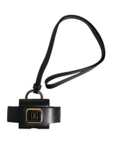 Étui pour Airpods Dolce &amp; Gabbana avec bracelet en cuir noir et plaque logo en métal doré