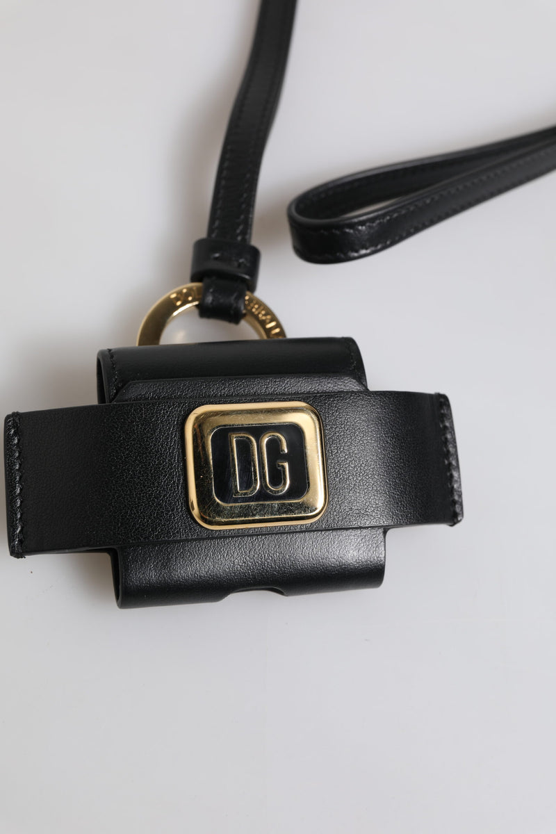 Étui pour Airpods Dolce &amp; Gabbana avec bracelet en cuir noir et plaque logo en métal doré