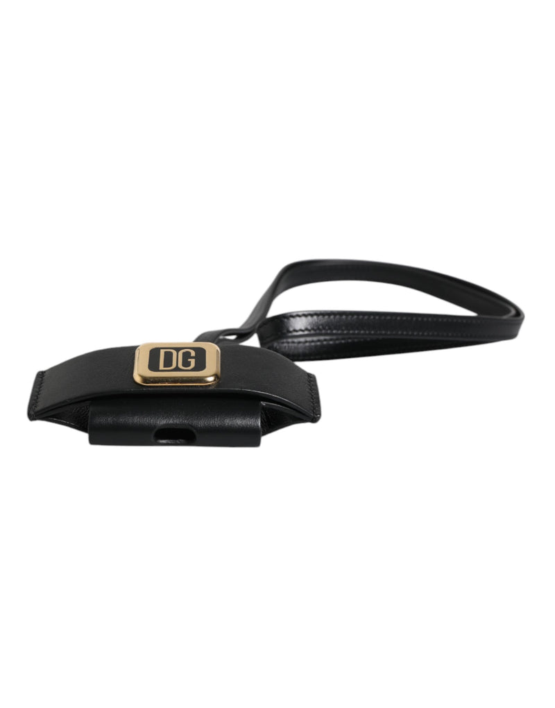 Étui pour Airpods Dolce &amp; Gabbana avec bracelet en cuir noir et plaque logo en métal doré