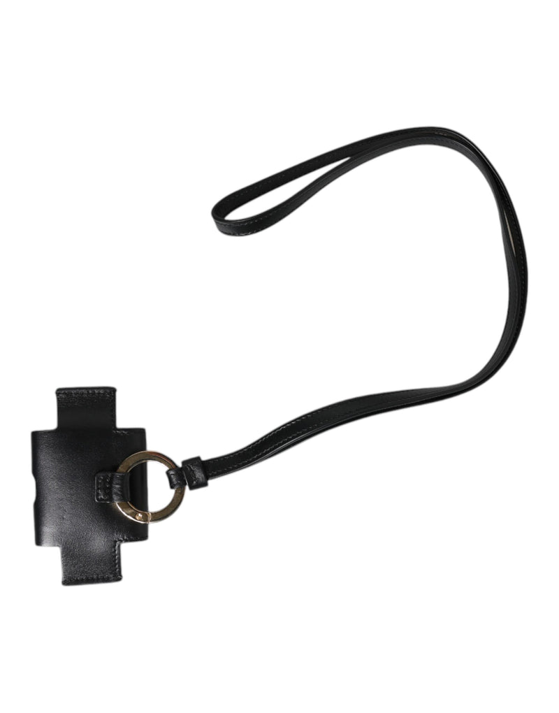 Étui pour Airpods Dolce &amp; Gabbana avec bracelet en cuir noir et plaque logo en métal doré