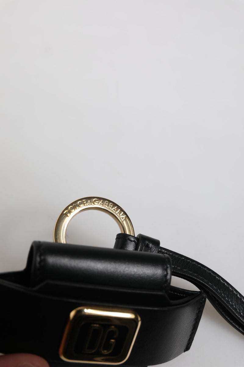 Étui pour Airpods Dolce &amp; Gabbana avec bracelet en cuir noir et plaque logo en métal doré