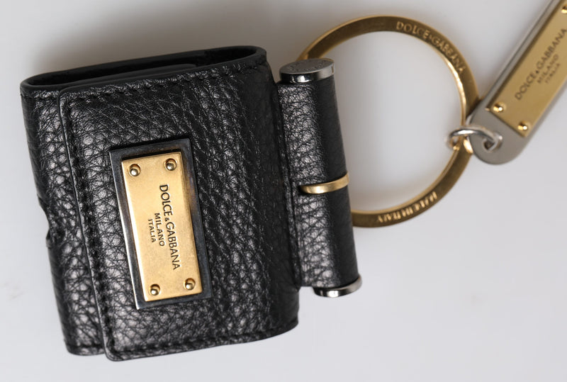 Dolce &amp; Gabbana Zwarte leren band Goudkleurige metalen logoplaat Airpods-hoes
