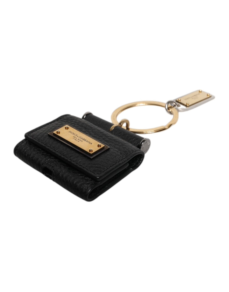 Dolce &amp; Gabbana Zwarte leren band Goudkleurige metalen logoplaat Airpods-hoes