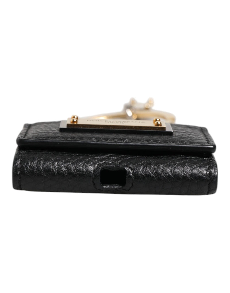 Dolce &amp; Gabbana Zwarte leren band Goudkleurige metalen logoplaat Airpods-hoes