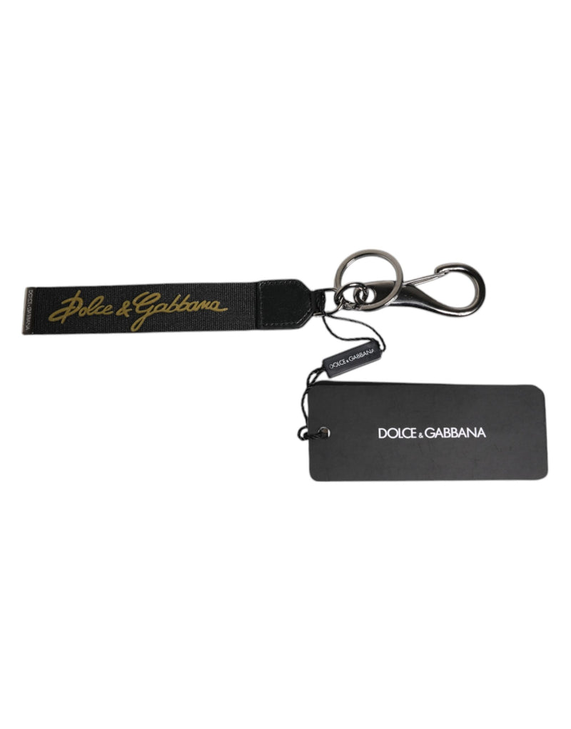 Dolce &amp; Gabbana Zwart Logo Nylon Zilver Messing Heren Sleutelhanger Sleutelhanger