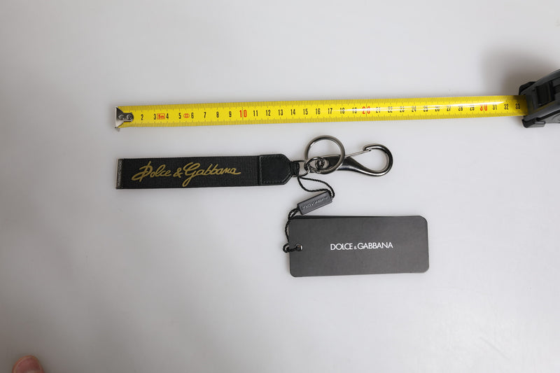Dolce &amp; Gabbana Zwart Logo Nylon Zilver Messing Heren Sleutelhanger Sleutelhanger
