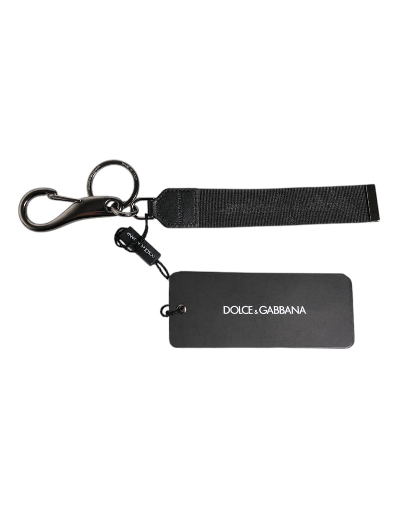 Dolce &amp; Gabbana Zwart Logo Nylon Zilver Messing Heren Sleutelhanger Sleutelhanger